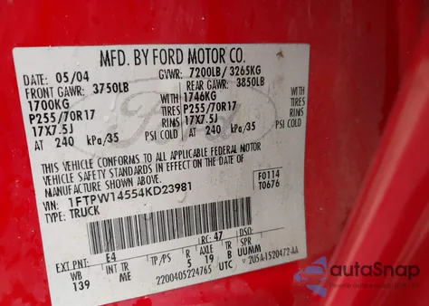 2004 Ford F-150 Fx4/Lariat/Xlt z USA, uszkodzony, nr VIN 1FTPW14554KD23981